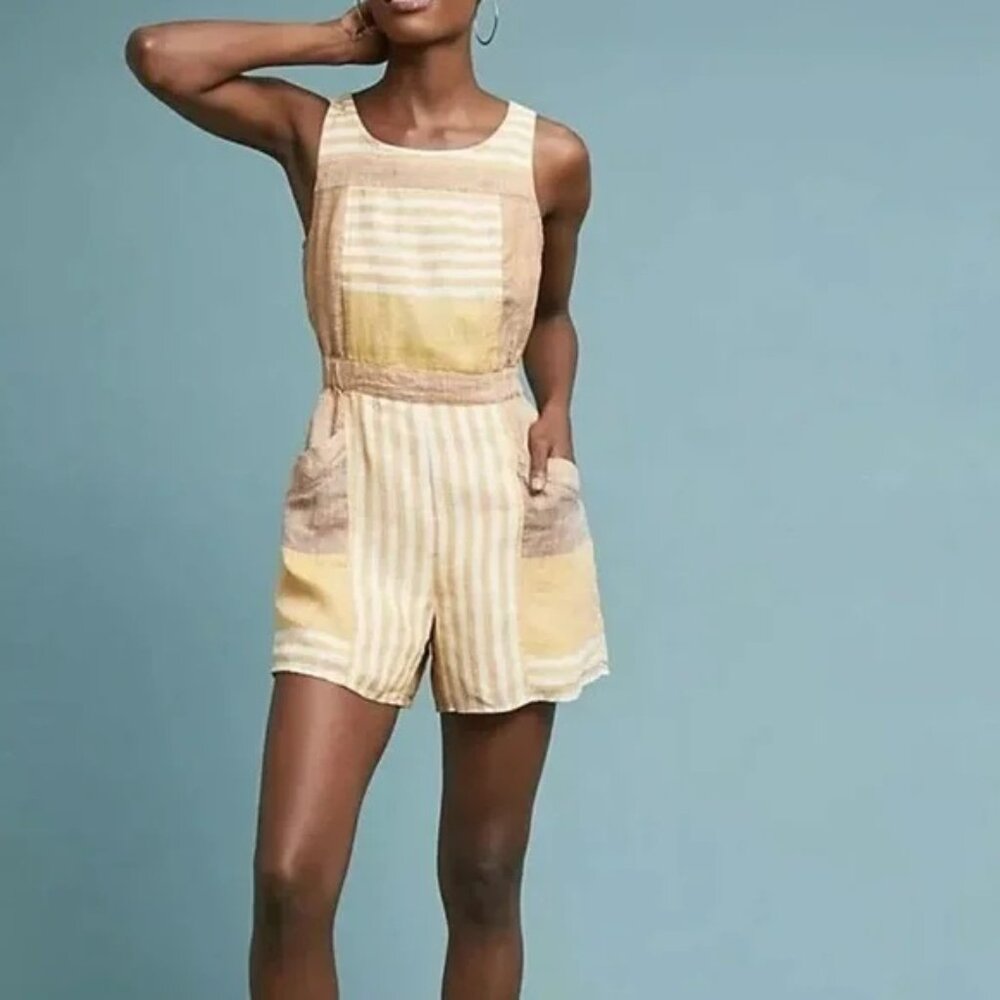 Anthropologie Yellow and Cream Striped Linen Romper